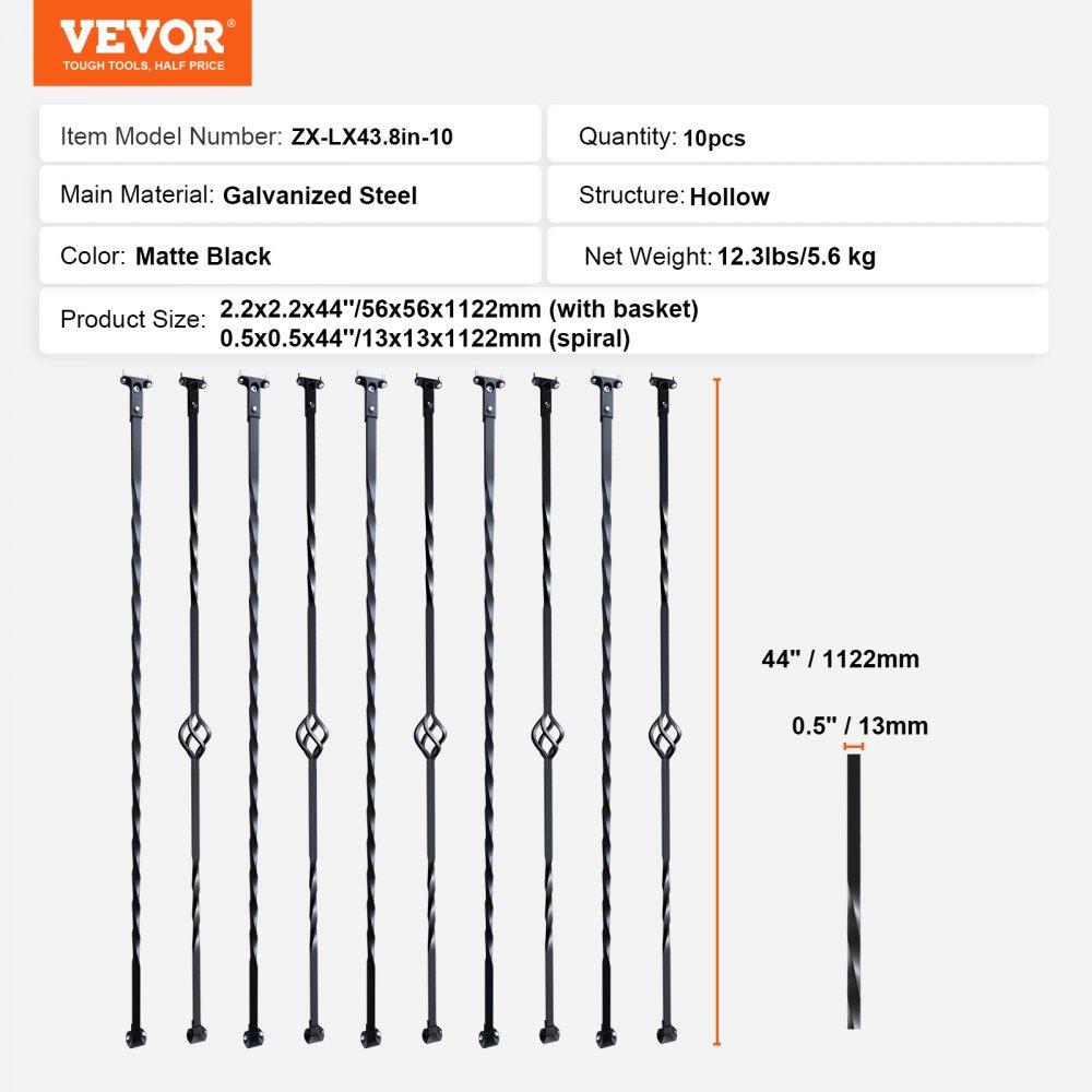 ZX-LX43.8in-10 - 44'' Matte Black Spiral Metal Balusters for Stairs & Decks