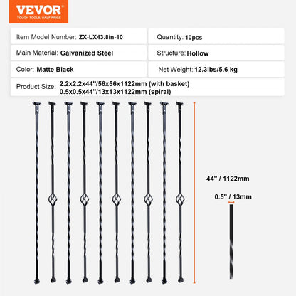 ZX-LX43.8in-10 - 44'' Matte Black Spiral Metal Balusters for Stairs & Decks