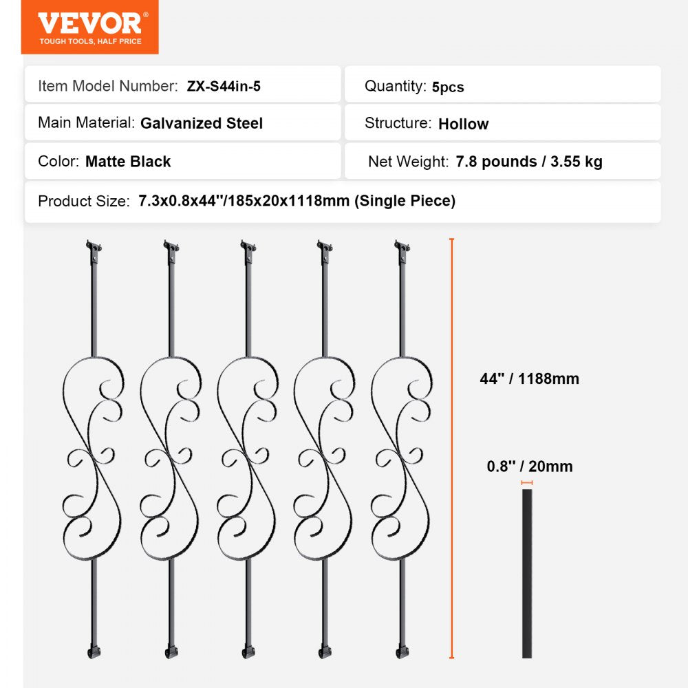 ZX-S44in-5 - Durable 44in Galvanized Steel Staircase Balusters with Matte Finish