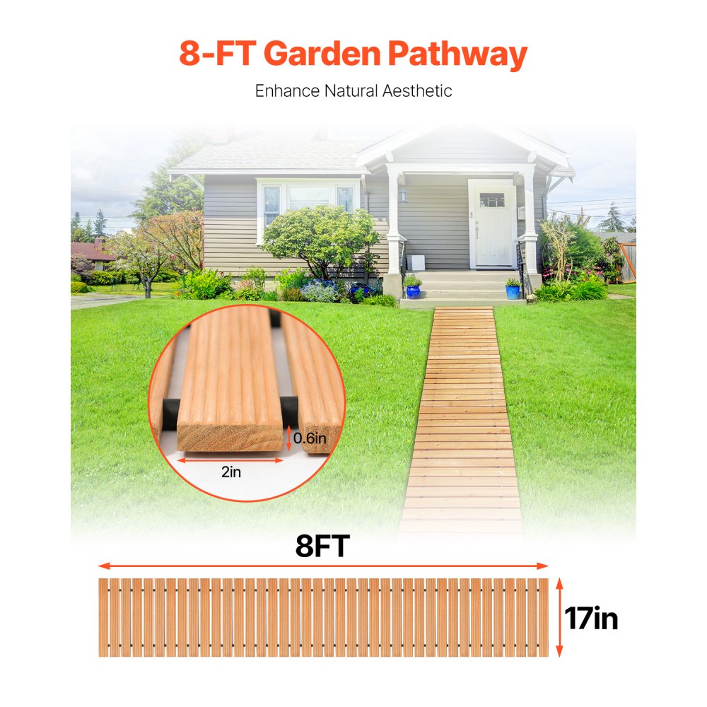 PW-S08 - 96x17" Cedar Garden Walkway, Non-Slip, Easy to Assemble
