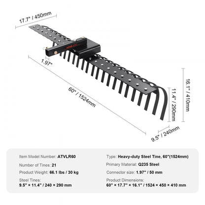 ATVLR60 - 60-Inch Tow Behind Rake for Efficient Yard Cleanup
