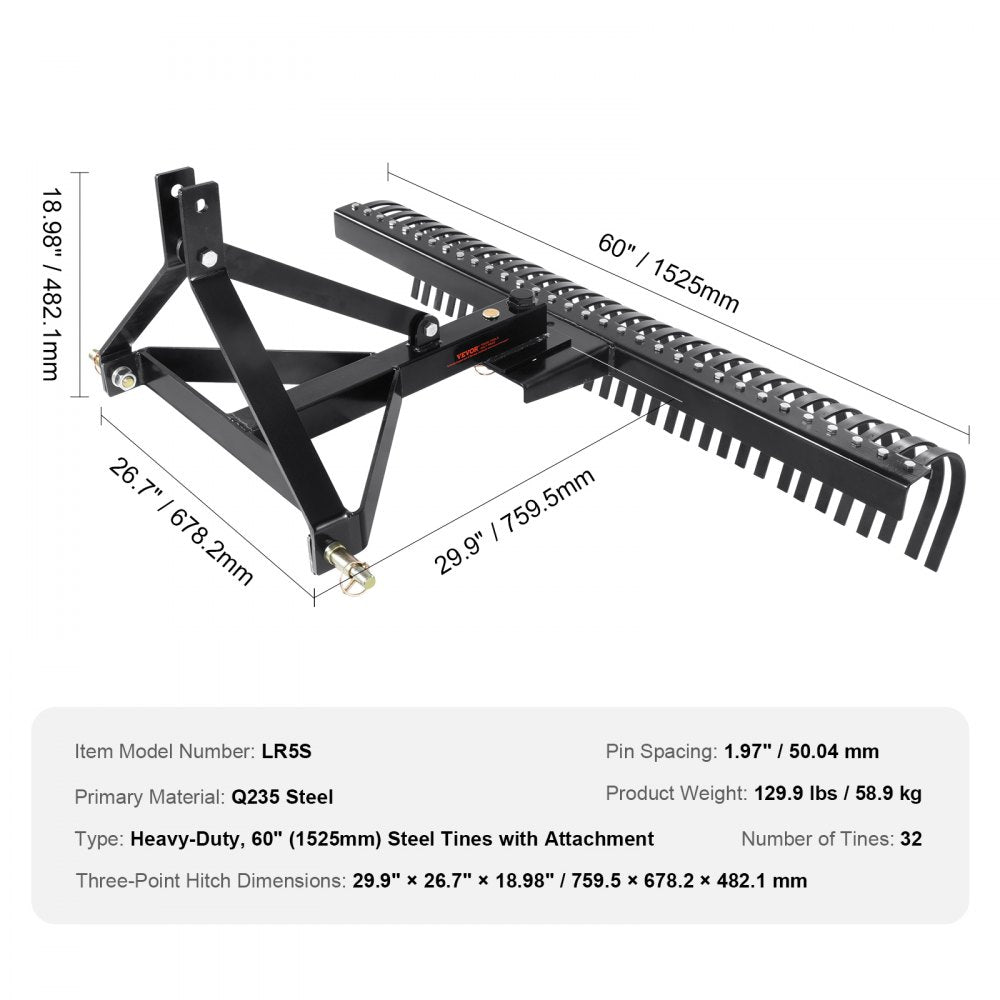 LR5S - 60" Durable Steel Thatch Remover for Lawn Care
