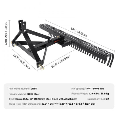 LR5S - 60" Durable Steel Thatch Remover for Lawn Care