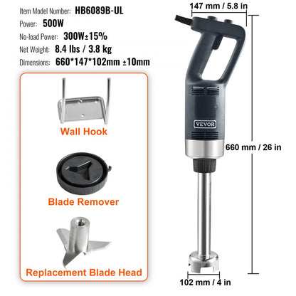 HB6089B-UL - Heavy-Duty 500W Immersion Blender with Variable Speed Control