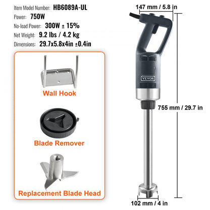 HB6089A - 750W VEVOR Heavy-Duty Immersion Blender for Large Batches