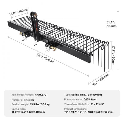 PRAKE72 - 72-Inch Steel Landscape Rake for Easy Debris Cleanup