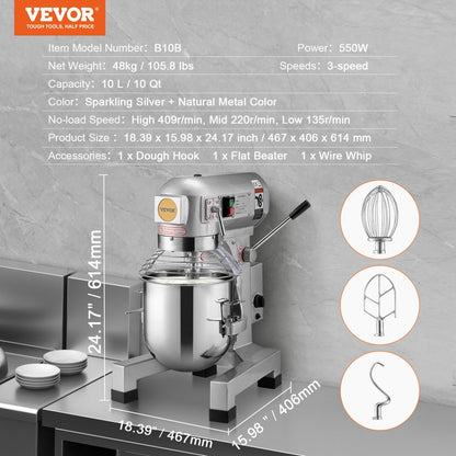 B10B - 10L VEVOR 550W Commercial Mixer for Heavy-Duty Baking