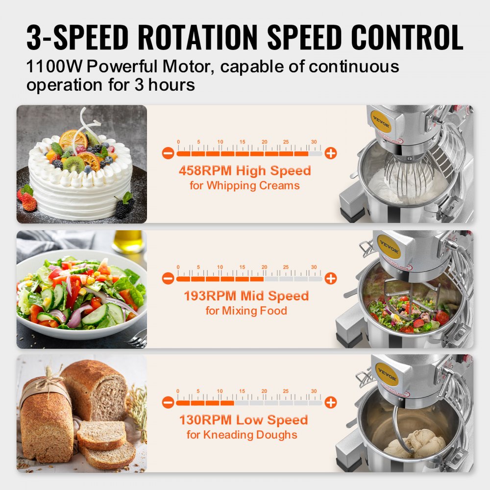 B30B - 28.5L 1100W VEVOR 3-Speed Dough Mixer for Commercial Kitchens