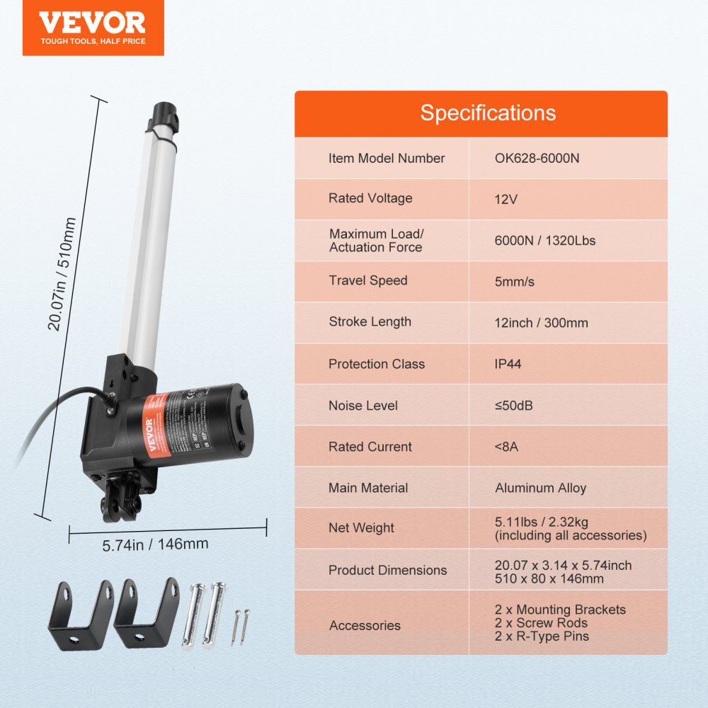 OK628-6000N - 12-Inch 1320lbs Heavy-Duty 12V Linear Actuator