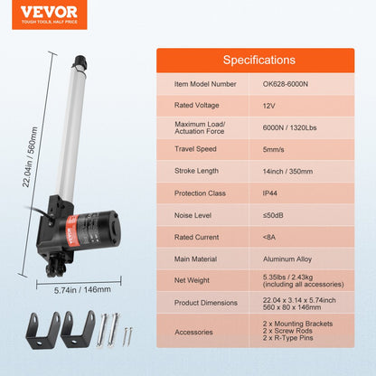 OK628-6000N - 12V Heavy-Duty Linear Actuator, 1320lbs Force for Lifting