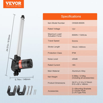 OK628-6000N - 16-Inch Heavy-Duty 12V Linear Actuator with 1320lbs Capacity