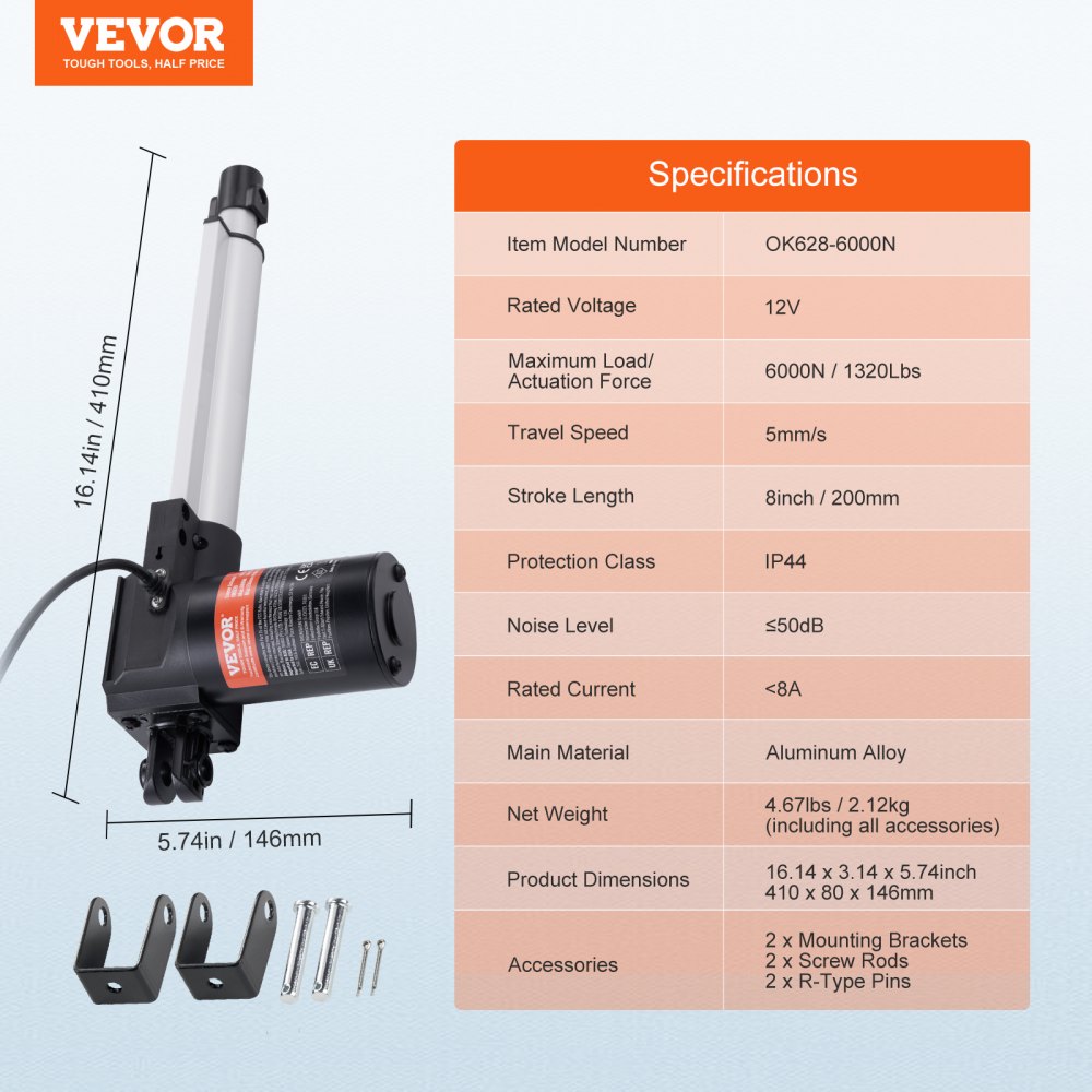 OK628-6000N - 8-Inch 12V Heavy-Duty Linear Actuator 1320lbs Torque