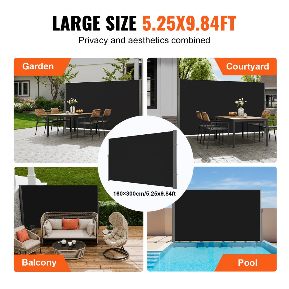H030-1 - 63"x118" Black Aluminum Retractable Awning for Privacy & Shade