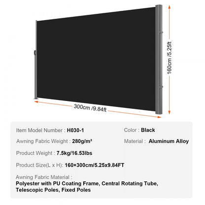 H030-1 - 63"x118" Black Aluminum Retractable Awning for Privacy & Shade