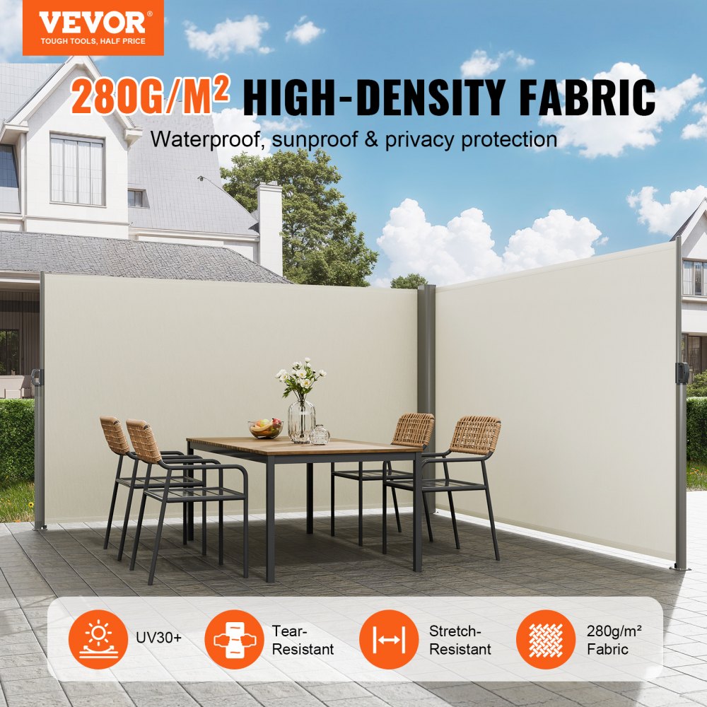 H033-2 - Beige Retractable Privacy Awning 63" x 236" for Outdoor Spaces