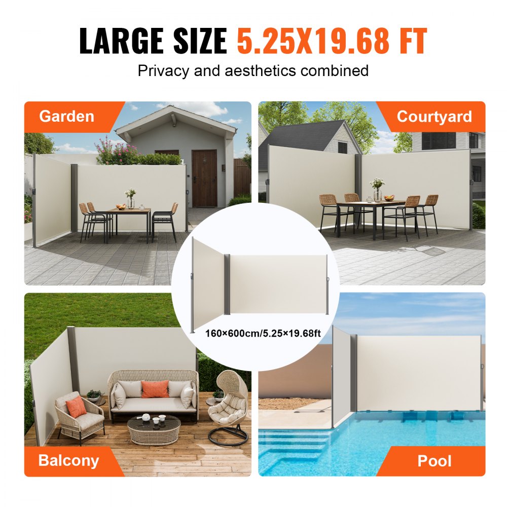 H033-2 - Beige Retractable Privacy Awning 63" x 236" for Outdoor Spaces