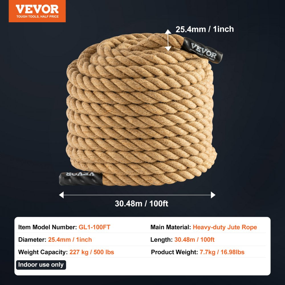 GL1-100FT - 1" x 100ft Heavyweight Jute Climbing Rope for Towing