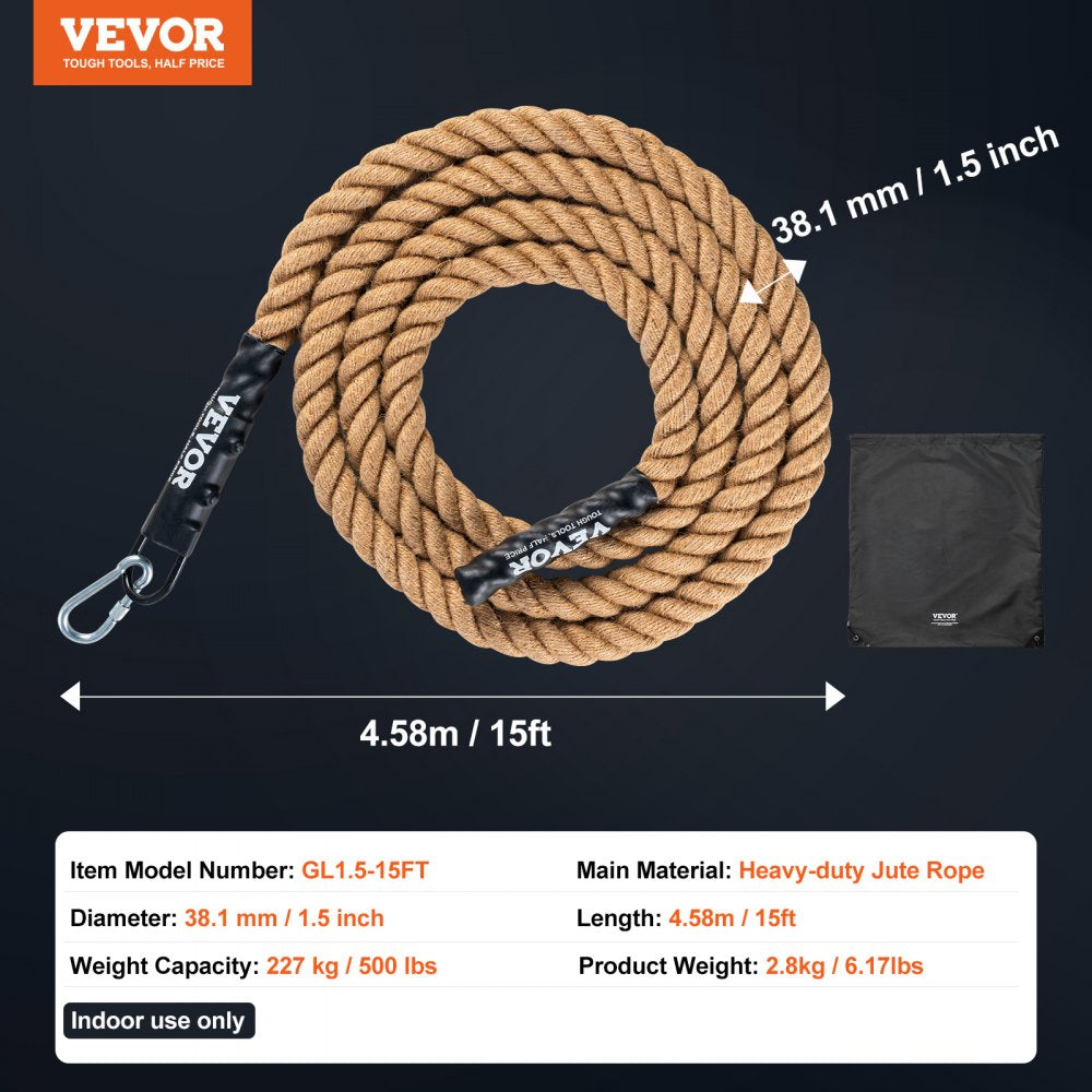 GL1.5-15FT - 1.5" x 15ft Jute Climbing Rope with Metal Hook