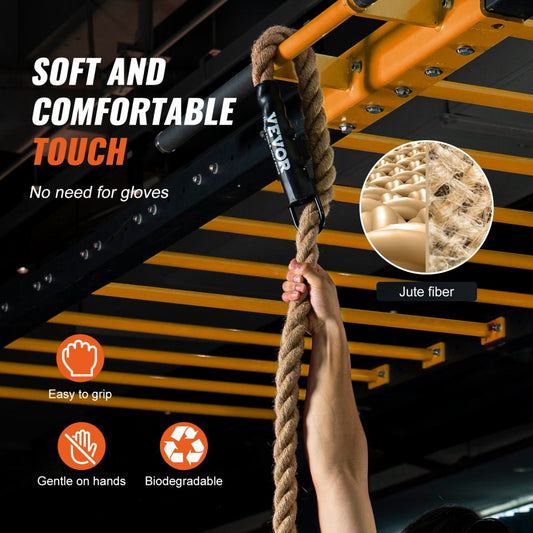 GL1.5-30FT - Heavy-Duty 30ft Jute Climbing Rope with Metal Hooks