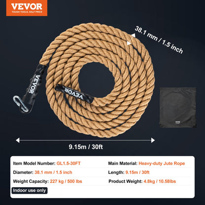 GL1.5-30FT - Heavy-Duty 30ft Jute Climbing Rope with Metal Hooks