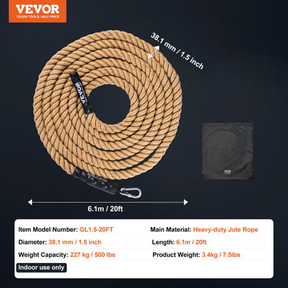 GL1.5-20FT - 1.5" x 20FT Heavy-Duty Jute Climbing Rope for Gym Use