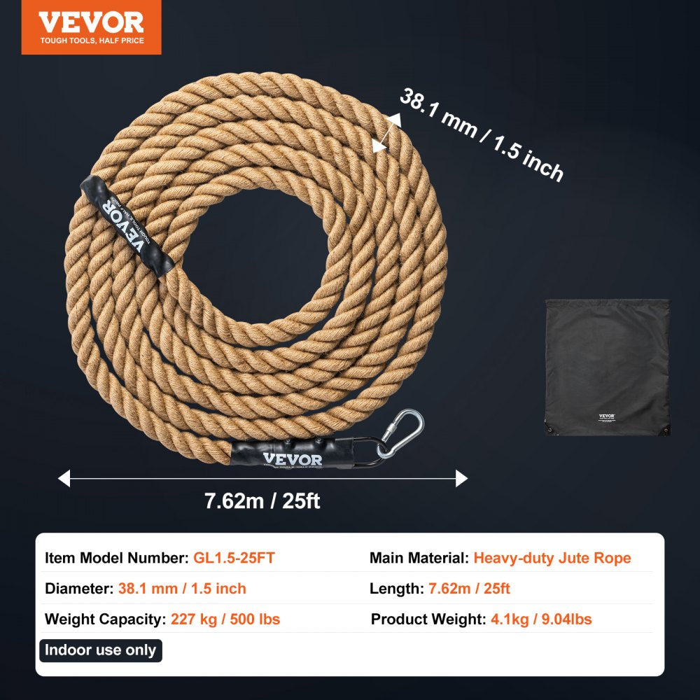 GL1.5-25FT - 25ft Heavy-Duty Hemp Climbing Rope, 1.5" Thickness, 500 lbs Support