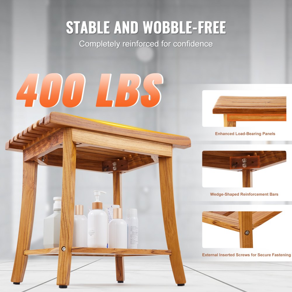 B3500 - Heavy-Duty 20" Teak Shower Bench, 400 lbs Capacity