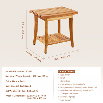 B3500 - Heavy-Duty 20" Teak Shower Bench, 400 lbs Capacity