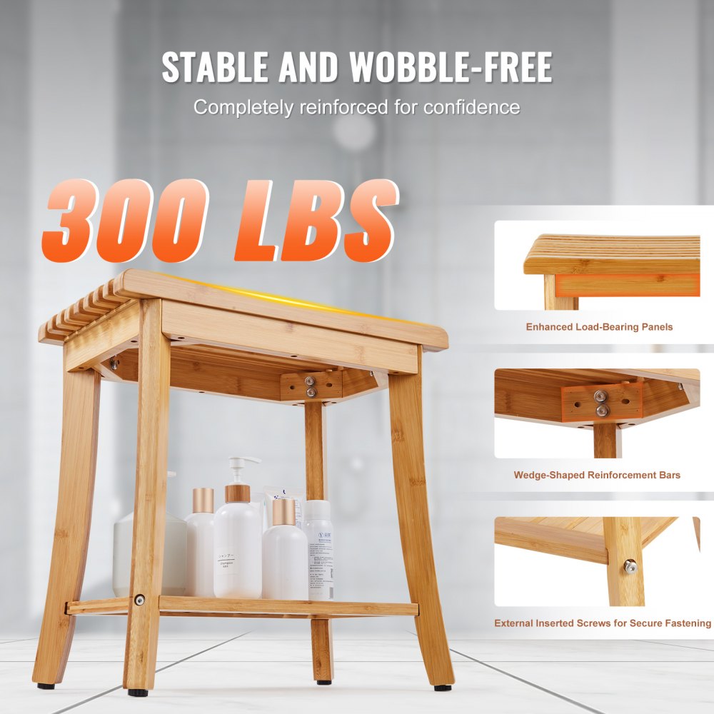 B3502 - Waterproof Bamboo Shower Bench 19.1" x 11.3" for Stable Seating
