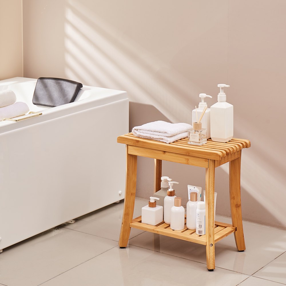 B3502 - Waterproof Bamboo Shower Bench 19.1" x 11.3" for Stable Seating