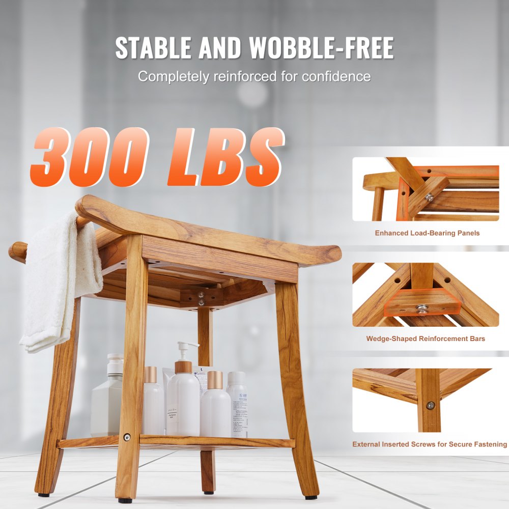 B3503 - 22" Teak Shower Bench, 300 lbs Capacity with Dual Handles