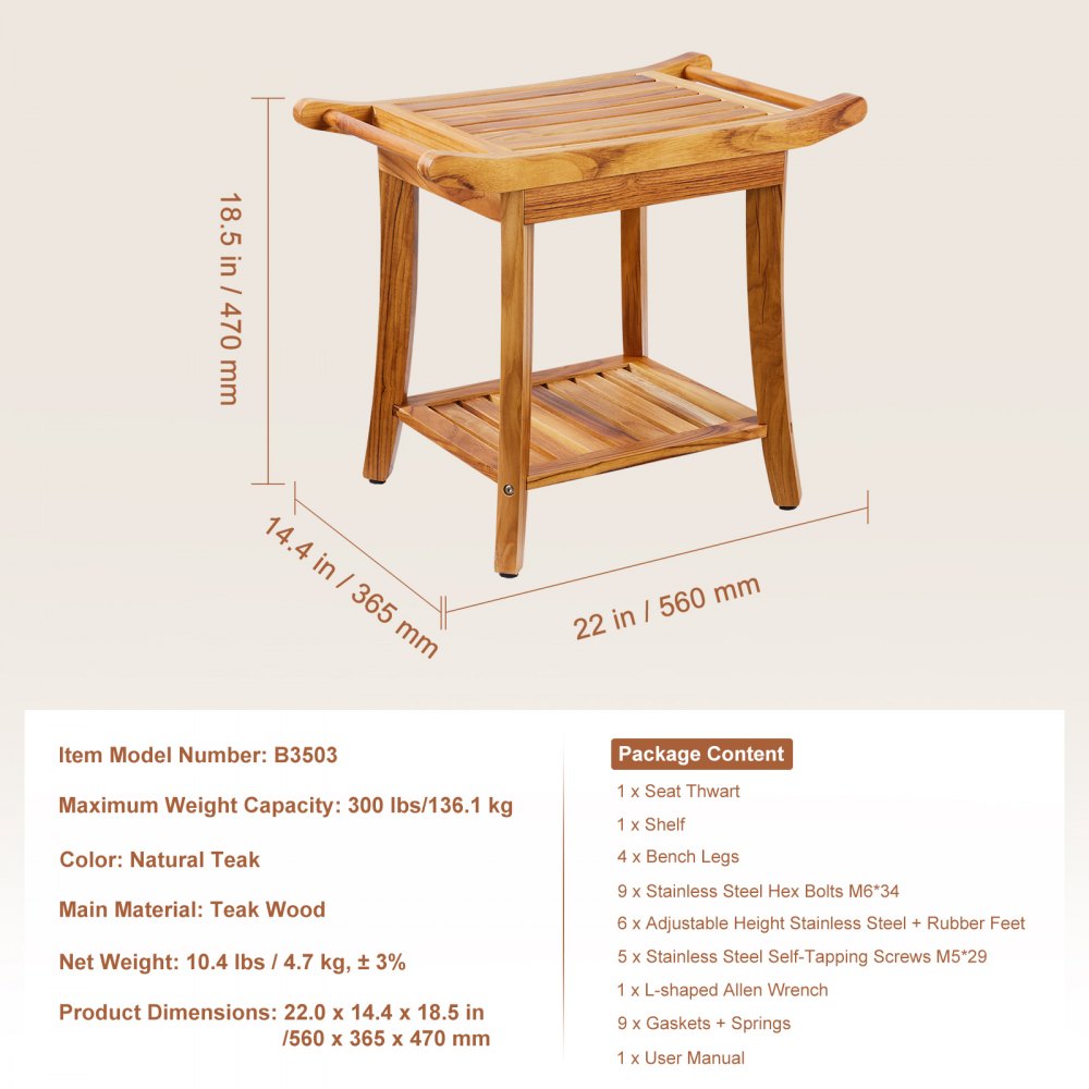 B3503 - 22" Teak Shower Bench, 300 lbs Capacity with Dual Handles