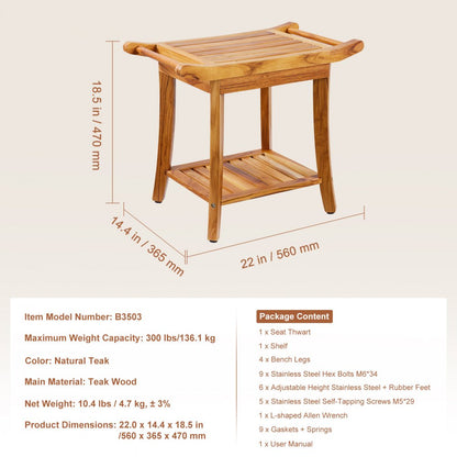 B3503 - 22" Teak Shower Bench, 300 lbs Capacity with Dual Handles