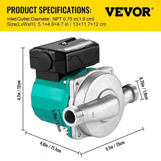 VV-BXG-RS15 6SB - Efficient 93W VEVOR Water Circulating Pump with Stainless Steel Head