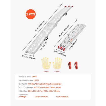 LR001 - 1500 lbs Aluminum Loading Ramps with Rubber Grip & Quick Fold