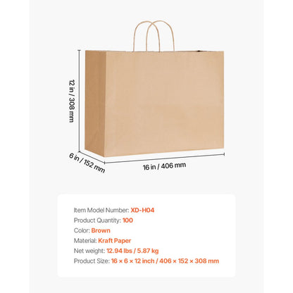 XD-H04 - 100Pcs Durable Kraft Paper Bags 16x6x12 for Eco-Friendly Shopping