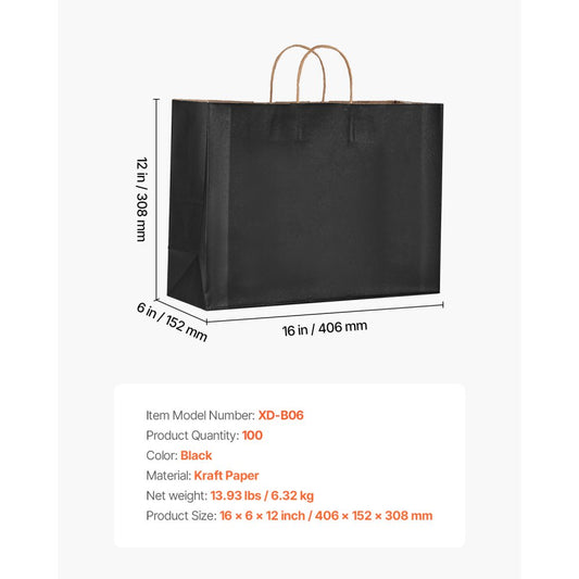 XD-B06 - Durable 16x6x12" Recyclable Kraft Paper Bags, 100 Pcs