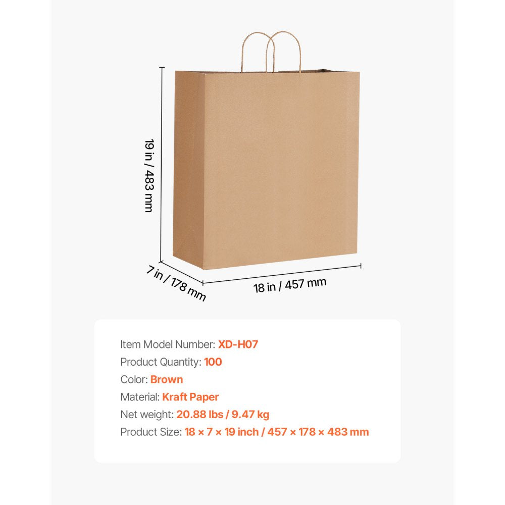 XD-H07 - 100Pcs Recyclable Kraft Paper Bags 18x7x19 with Handles