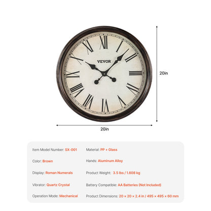 SX-001 - 20-Inch Silent Wall Clock with Roman Numerals