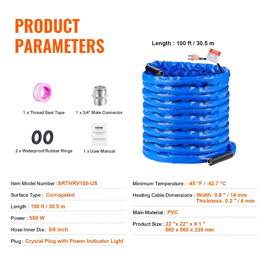 SRTHRV100-US - Heated 100ft Water Hose for RVs, -45°F Safe Flow