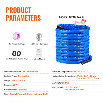 SRTHRV100-US - Heated 100ft Water Hose for RVs, -45°F Safe Flow