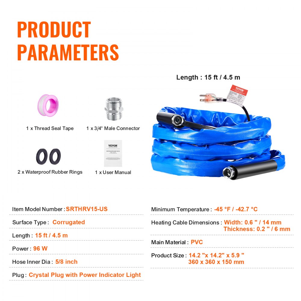 SRTHRV15-US - 15ft Heated Drinking Water Hose for RVs, Safe to -45°F