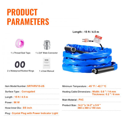 SRTHRV15-US - 15ft Heated Drinking Water Hose for RVs, Safe to -45°F