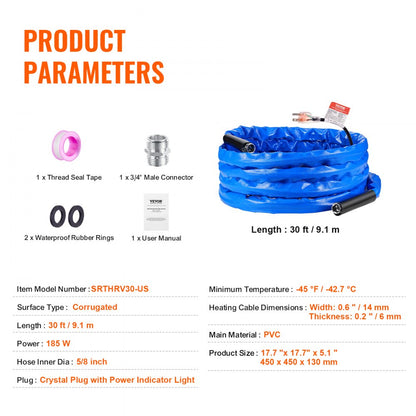 SRTHRV30-US - 30ft Heated Drinking Water Hose for RVs, Kink-Free & Durable