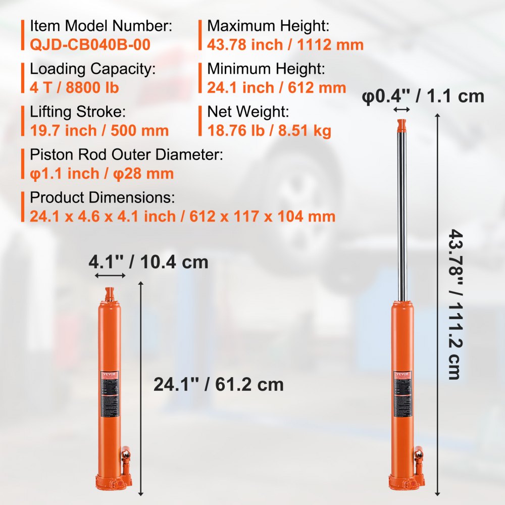 QJD-CB040B-00 - 4-Ton Hydraulic Long Ram Jack for Heavy Lifting