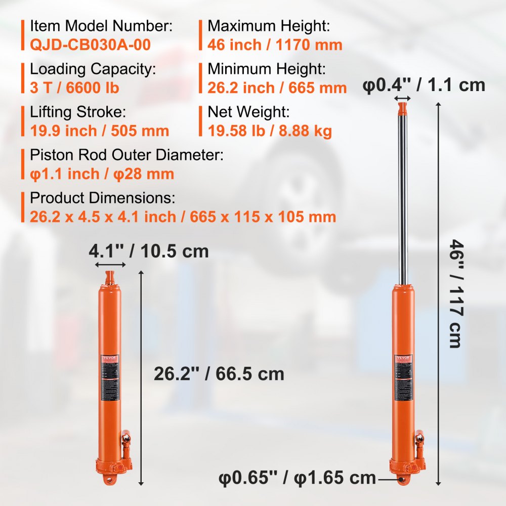 QJD-CB030A-00 - 3-Ton Hydraulic Long Ram Jack for Engine Hoists