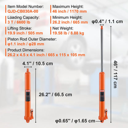 QJD-CB030A-00 - 3-Ton Hydraulic Long Ram Jack for Engine Hoists