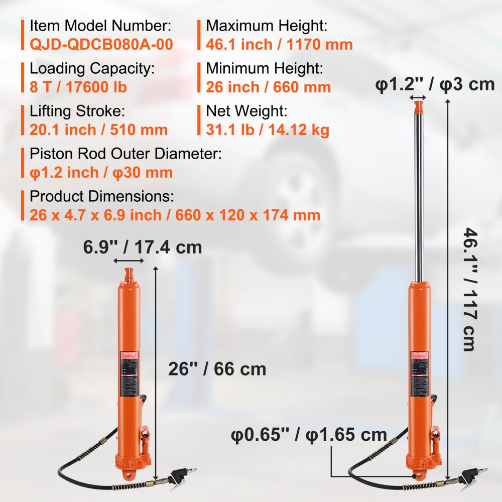 QJD-QDCB080A-00 - 8-Ton Hydraulic Long Ram Jack, 26"-46.1" Height Range