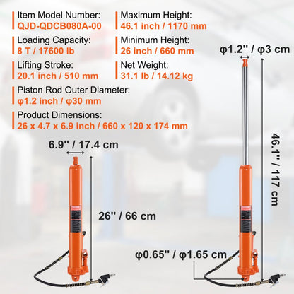 QJD-QDCB080A-00 - 8-Ton Hydraulic Long Ram Jack, 26"-46.1" Height Range