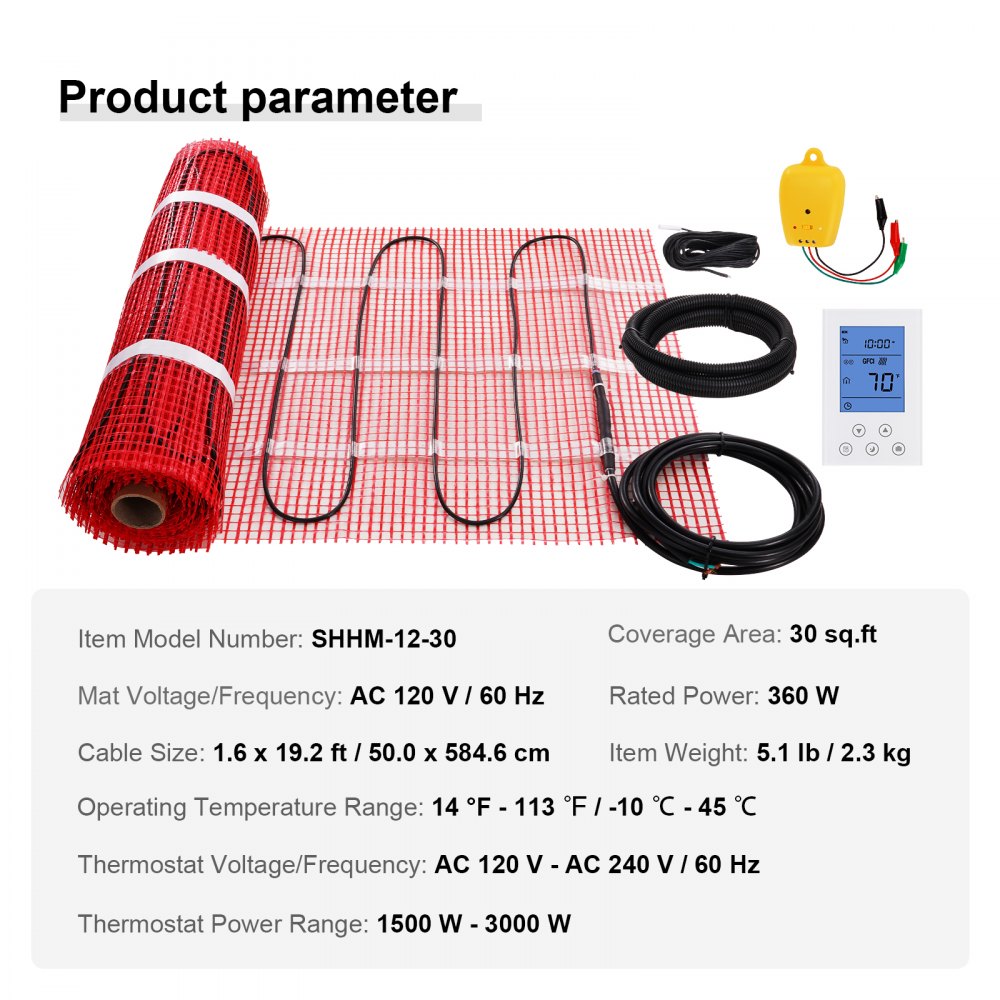 SHHM-12-30 - 30 Sq.ft VEVOR Electric Floor Heating Mat for Efficient Warmth